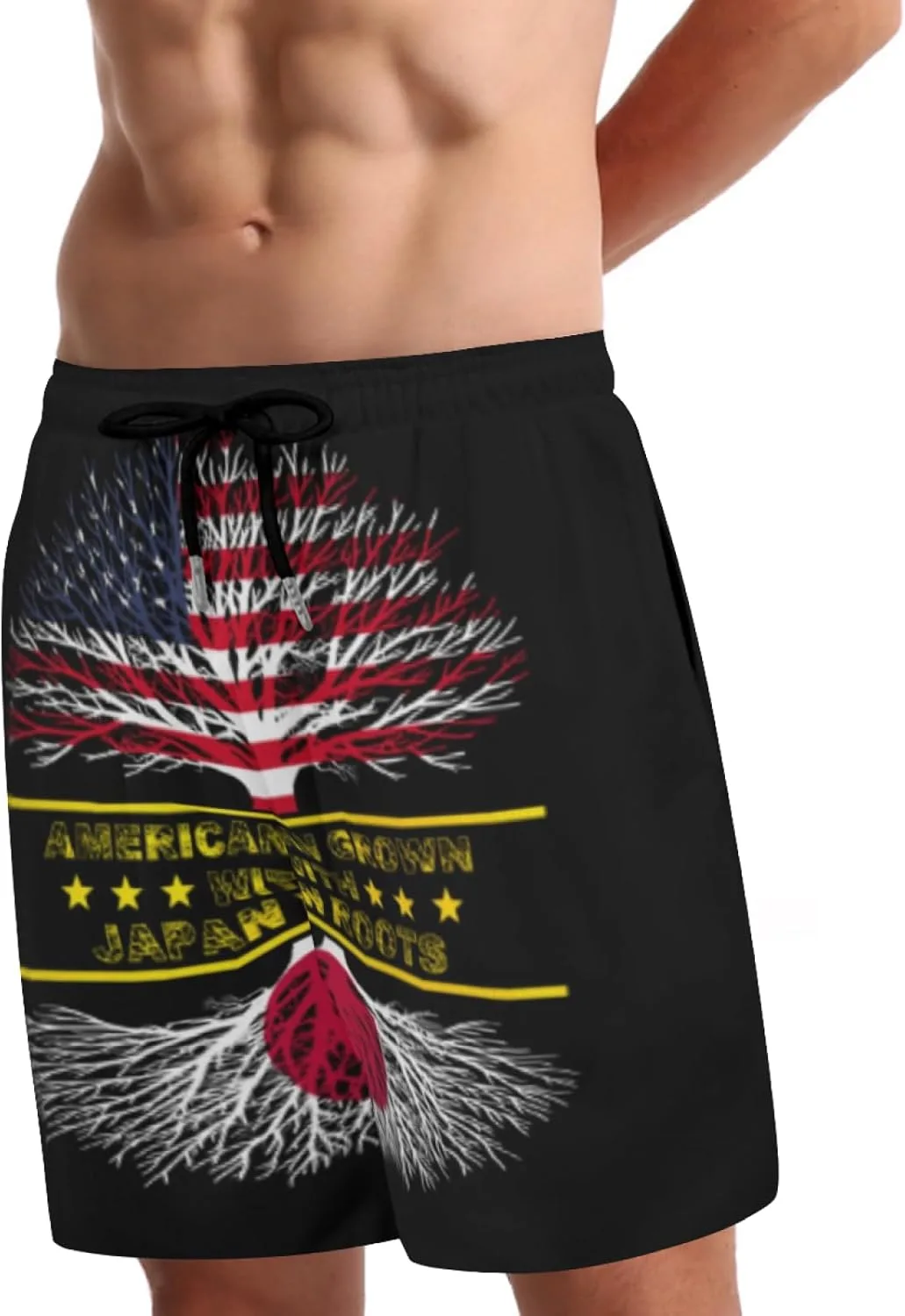Мужские плавки American Grown and Japan Roots с сетчатой ​​подкладкой, завязками, быстросохнущие, с карманами Generic, черный — фото 3