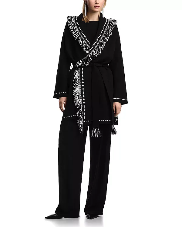 Кардиган с бахромой по низу и поясом Emporio Armani, Black/Beige