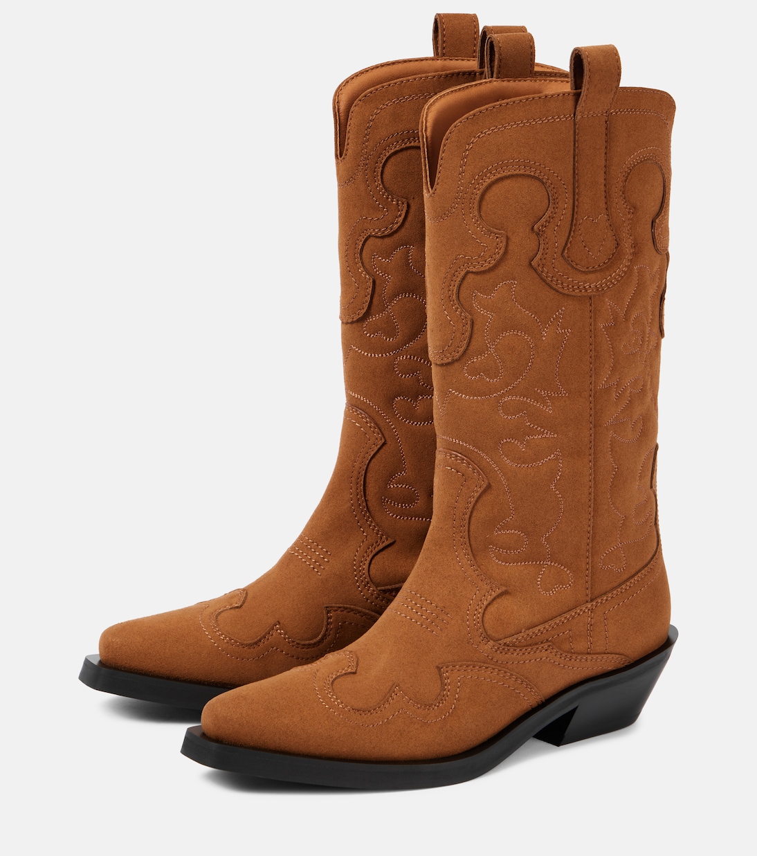 Вышитые ковбойские сапоги из искусственной кожи Ganni, Tobacco Brown — фото 4