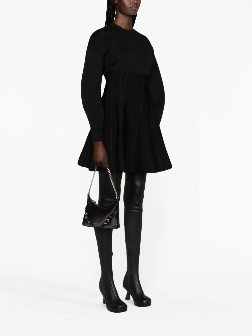 Расклешенное платье мини из смесовой шерсти Alexander McQueen, черный — фото 4