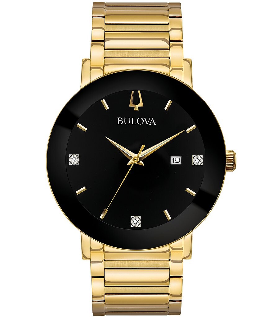 

Мужские часы Bulova с черным циферблатом и золотым браслетом из нержавеющей стали с бриллиантами, золотой