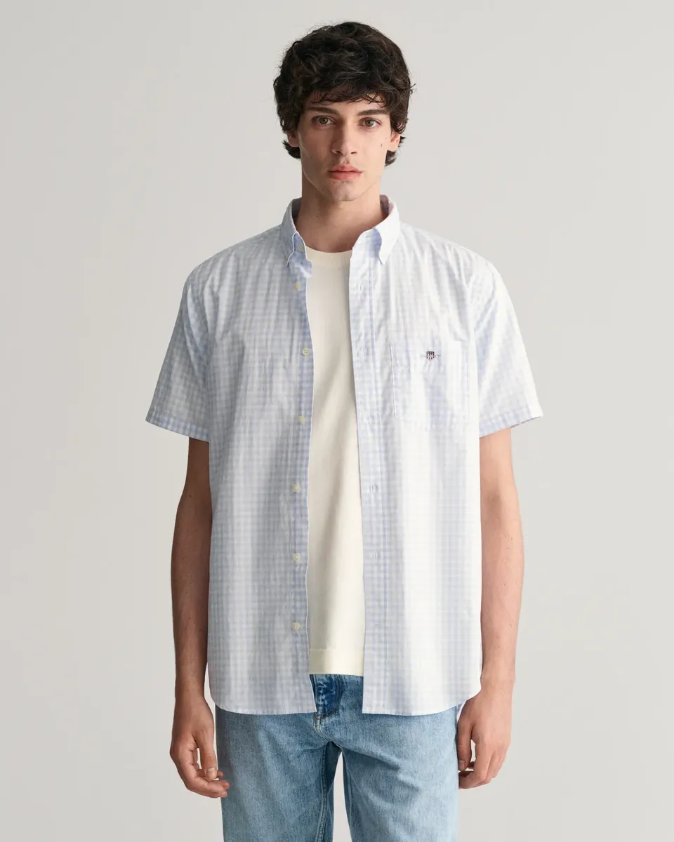 

Рубашка Gant с короткими рукавами "Regular Fit Gingham Poplin Shirt, износостойкая, простая в уходе в клетку", с небольшой вышивкой логотипа на нагрудном кармане, голубой