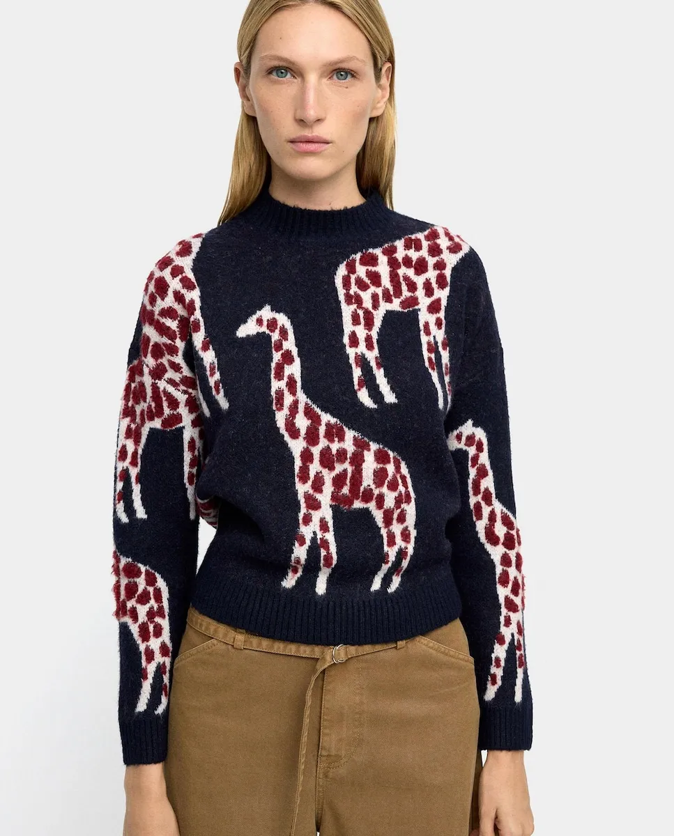 

Женский длинный свитер с круглым вырезом и вышивкой животных Parfois, темно-синий