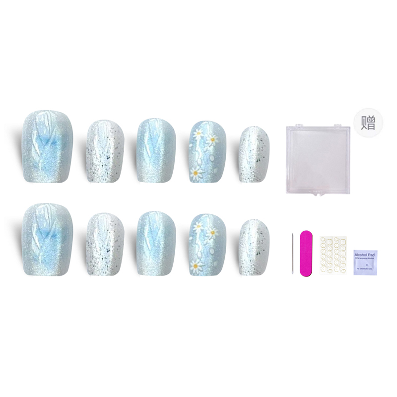 

ORANOT Свежий синий маленькая маргаритка премиум лето прозрачный искусственный ноготь короткий лестница синий развод милый 14мм