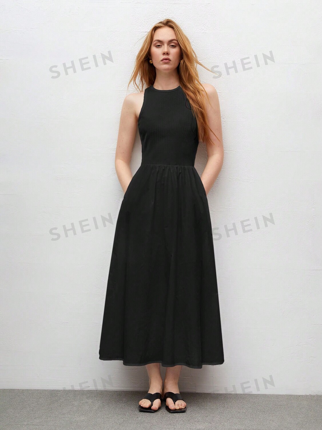 

BIZwear Женское Однотонное летнее платье без рукавов с круглым вырезом Shein, черный