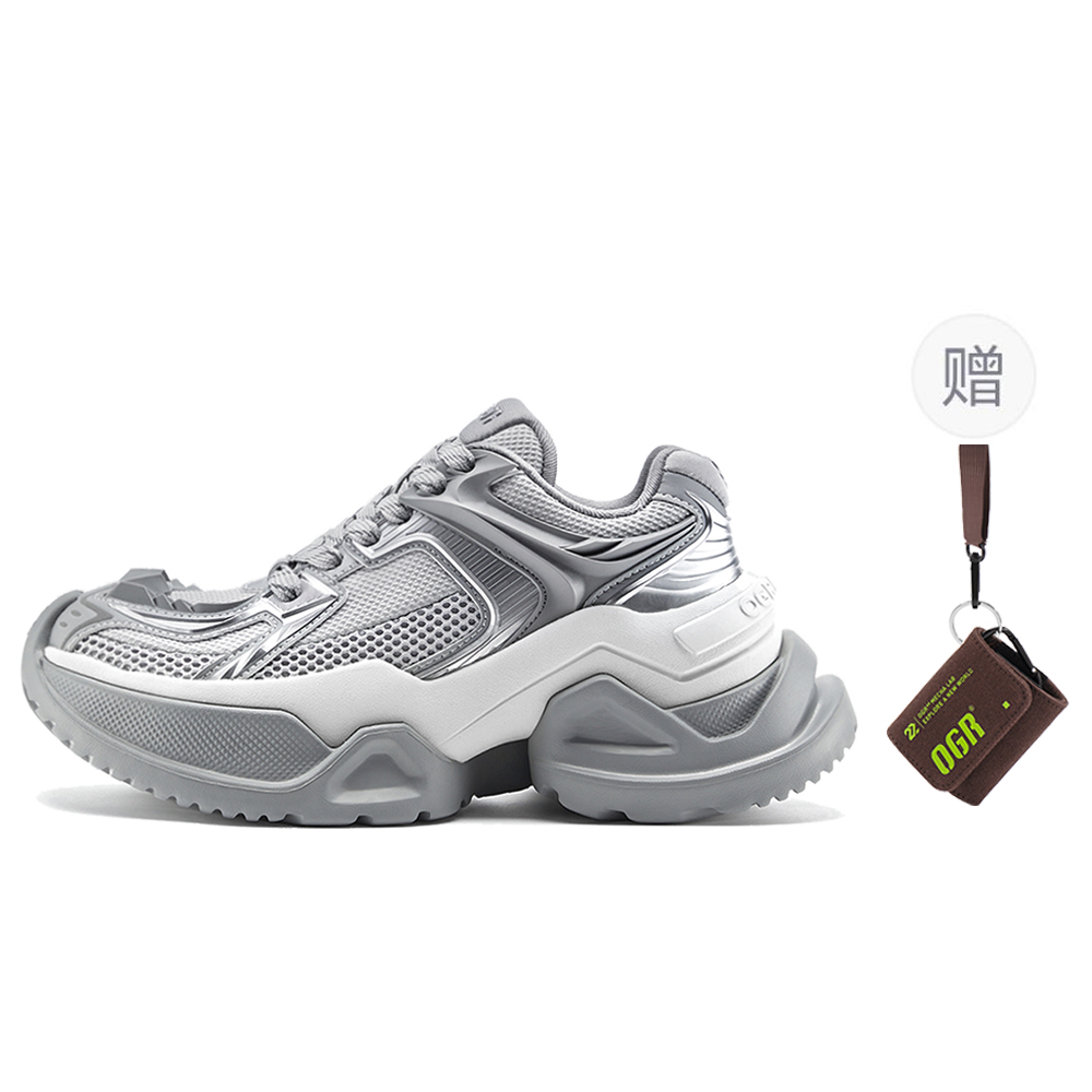 

OGR Амортизирующие устойчивые к истиранию и ударам утолщенные кроссовки на платформе унисекс серо-серебристые серый/серебро [в комплекте с чехлом для наушников]