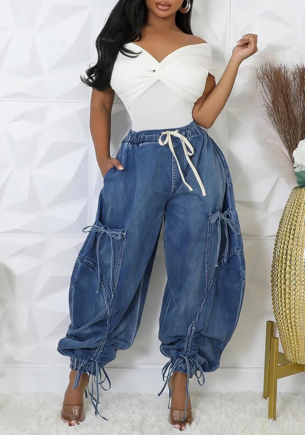 

NRTHYE Женские мешковатые карго джинсы-джоггеры на высокой талии с кулиской