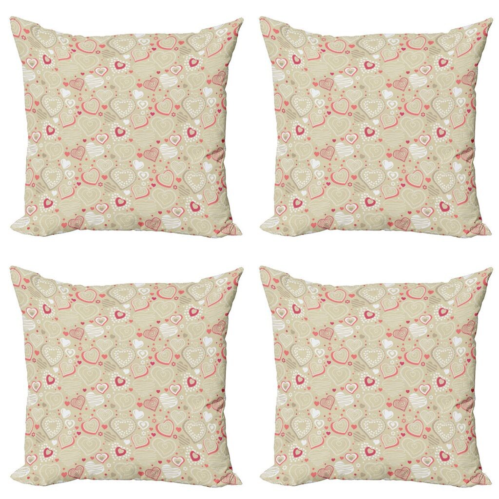 

ABAKUHAUS Комплект чехлов на подушку «Валентинки» (4 предмета), каракули в форме сердца, современная двусторонняя цифровая печать, 50 см x 50 см, бежевый, темно-коралловый, белый