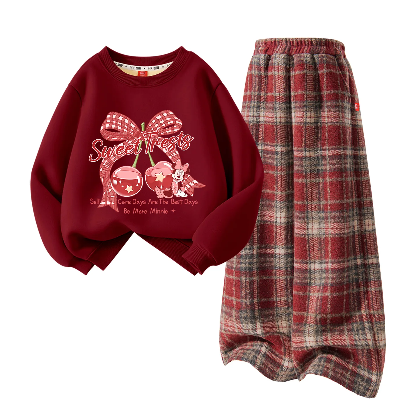 Disney Kids Tang Suits Crew Neck Thickness, [Thickened and Fleece-Lined]Diyingjie Burgundy+Solid Color Red Plaid