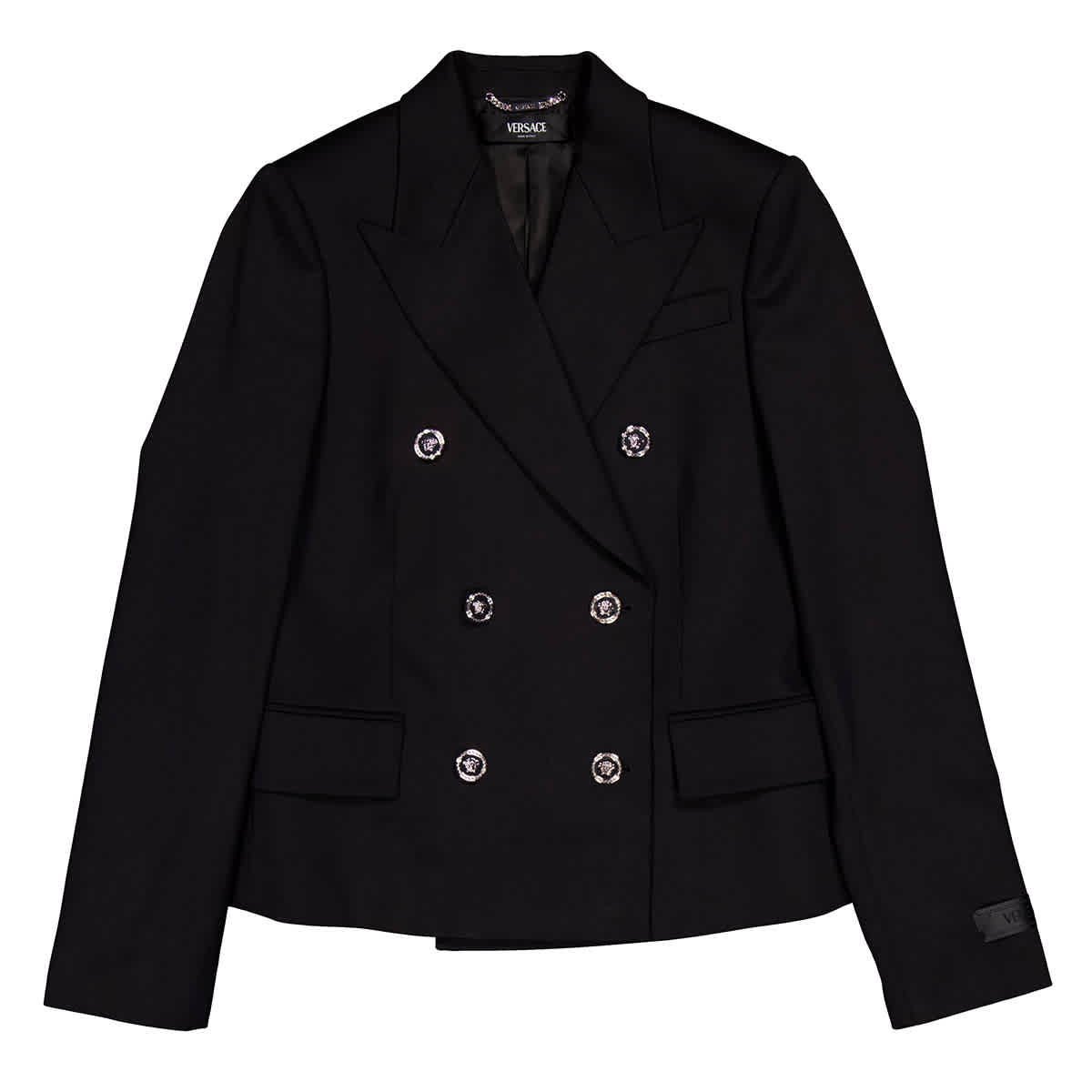 

Укороченный двубортный шерстяной блейзер Versace, черный