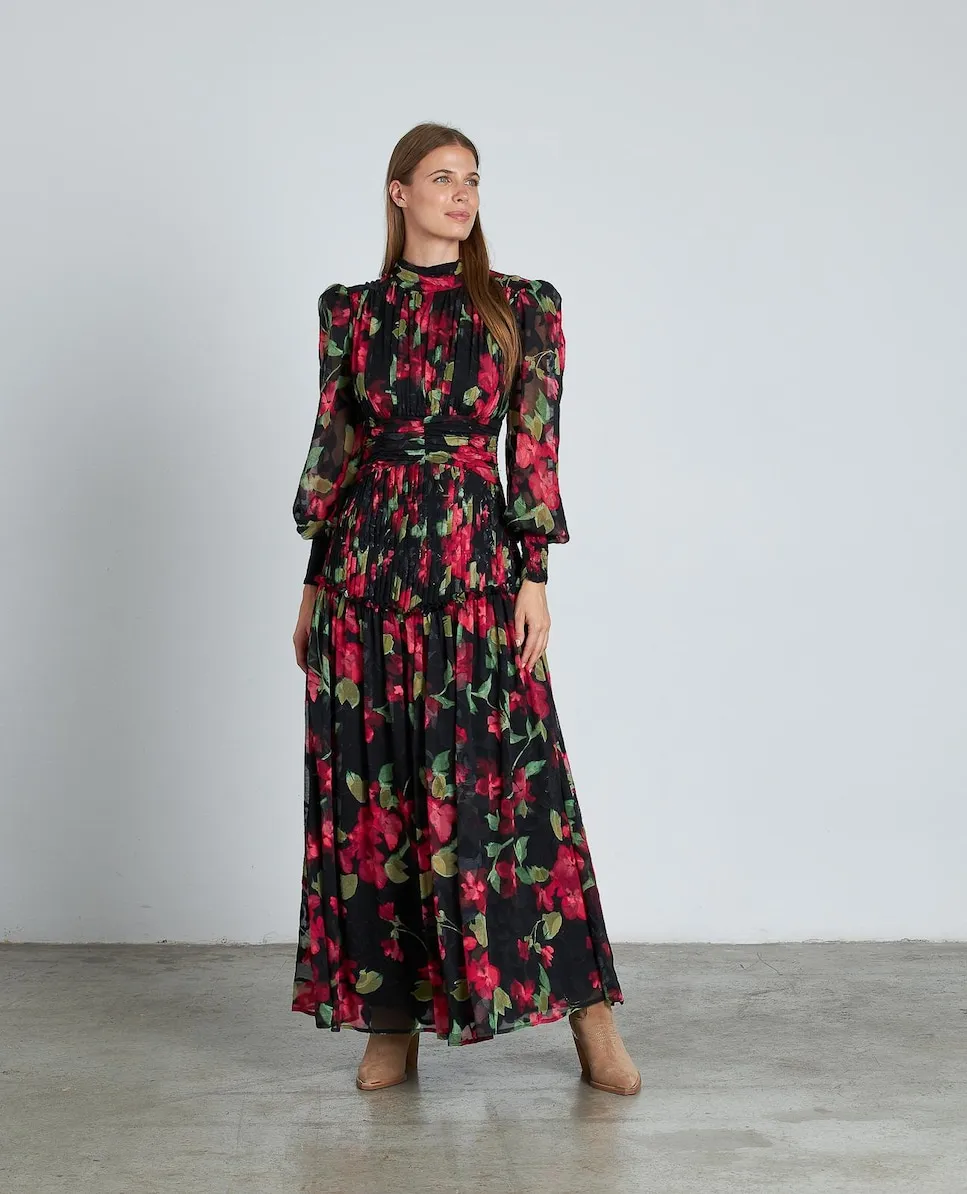 

Длинное платье с принтом, оборками и длинными полупрозрачными рукавами с высоким воротником Alma en Pena, красный