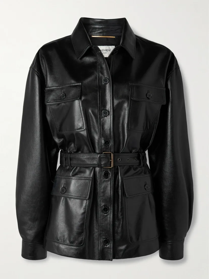 Кожаная куртка с поясом SAINT LAURENT, черный