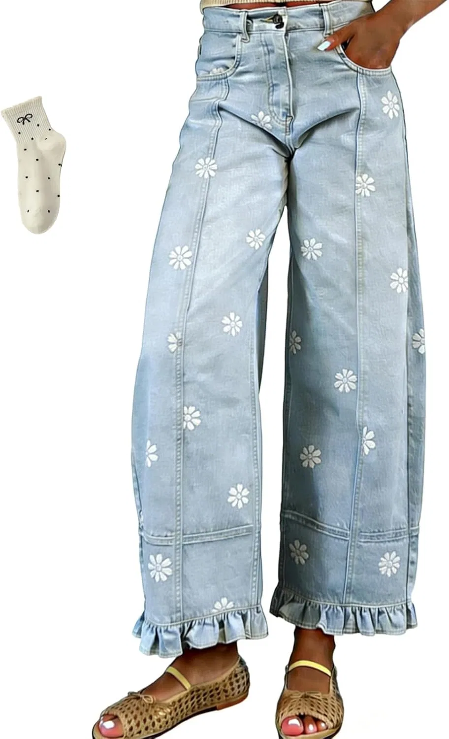 Джинсы женские расклешенные с цветочным принтом, Light Blue