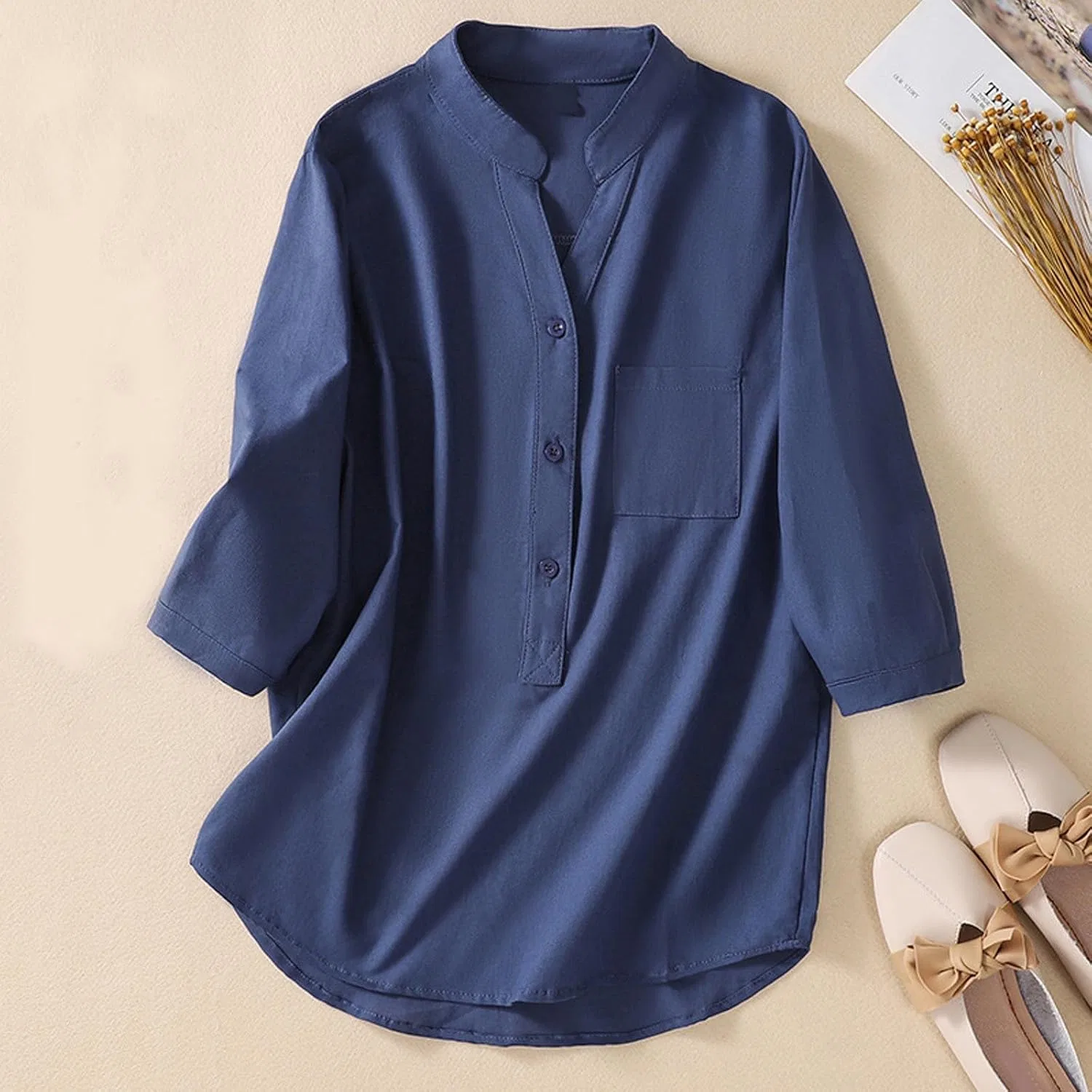 Блуза с воротником-стойкой, Cotton and Linen Women Shirt, темно-синий — фото 2