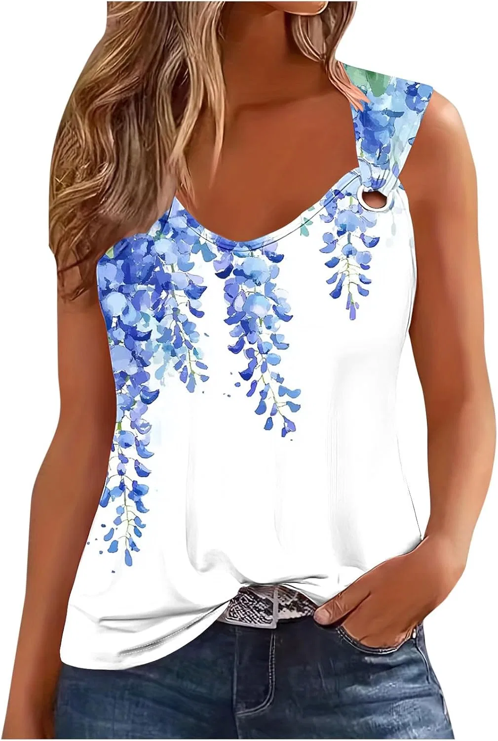 Женский топ с O-образными кольцами на плечах, Light Blue01