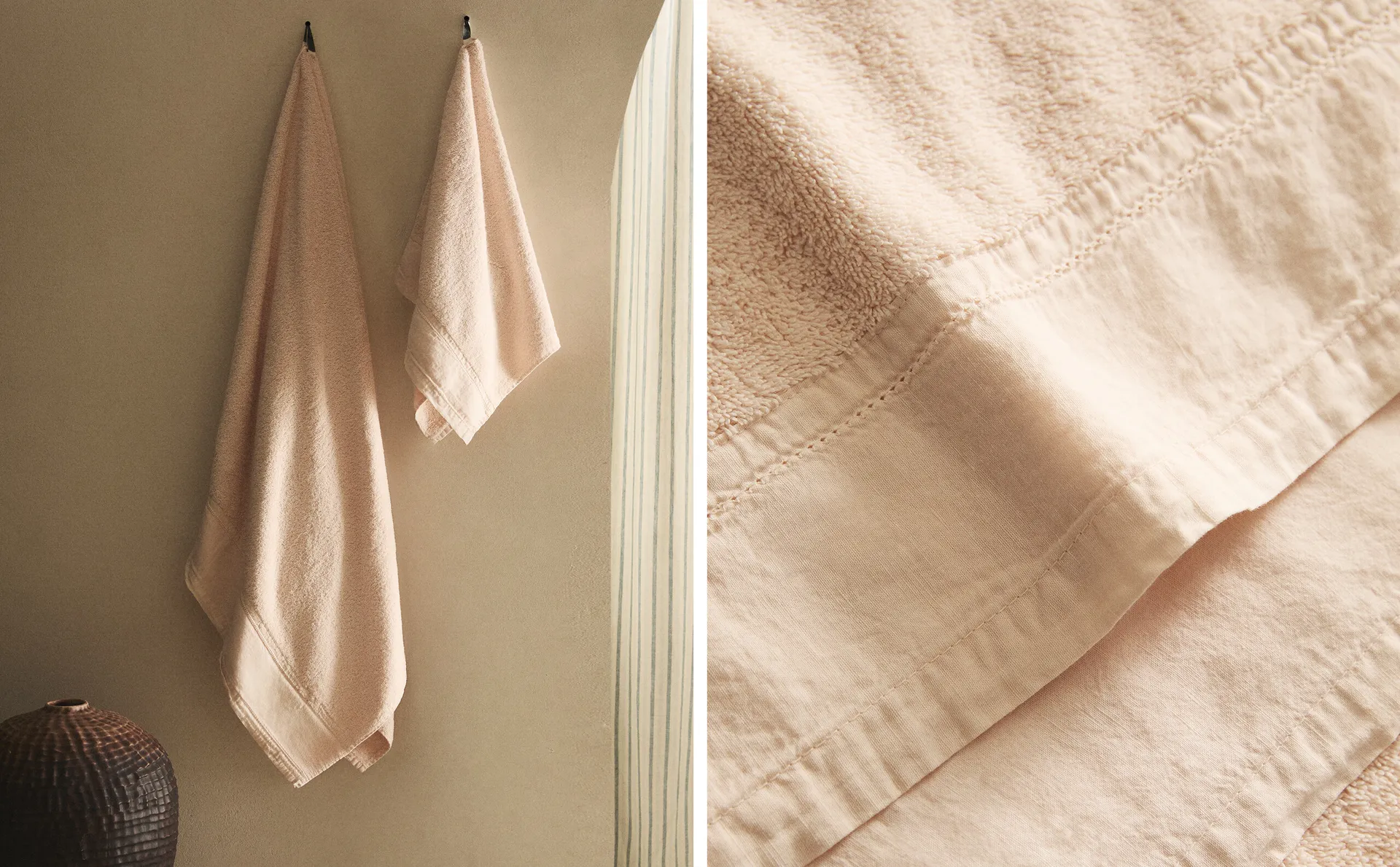 

Хлопковое банное полотенце с льняной каймой Zara Home, светло-лоососевый розовый