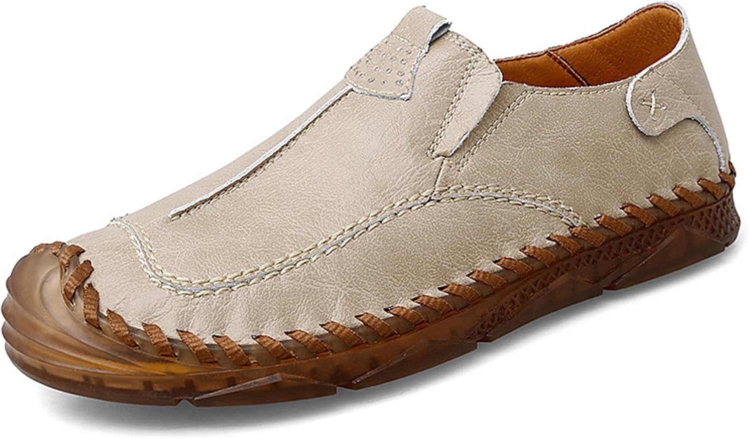 

Мужские премиальные кожаные повседневные кроссовки, кожаные туфли без шнурков, ручная строчка, защита носка, повседневная обувь для ходьбы, обувь для вождения, обувь для активного отдыха, удобные, мягкие, противоскользящие Vtiao, бежевый