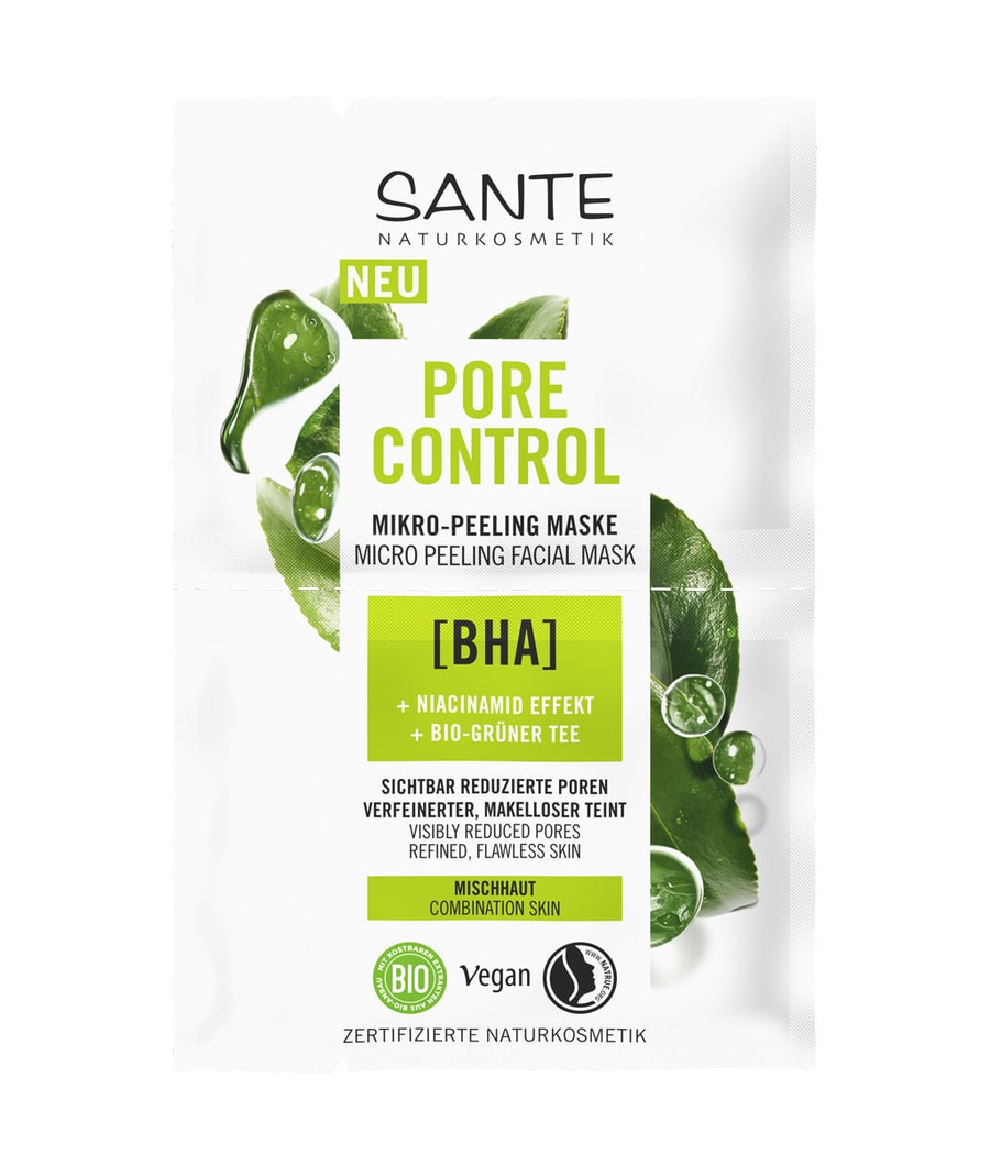 

Медицинская маска Sante Pore Control – Mikro-Peeling Maske BHA, Niacinamid Komplex & Bio-Grüner Tee, 8 ml