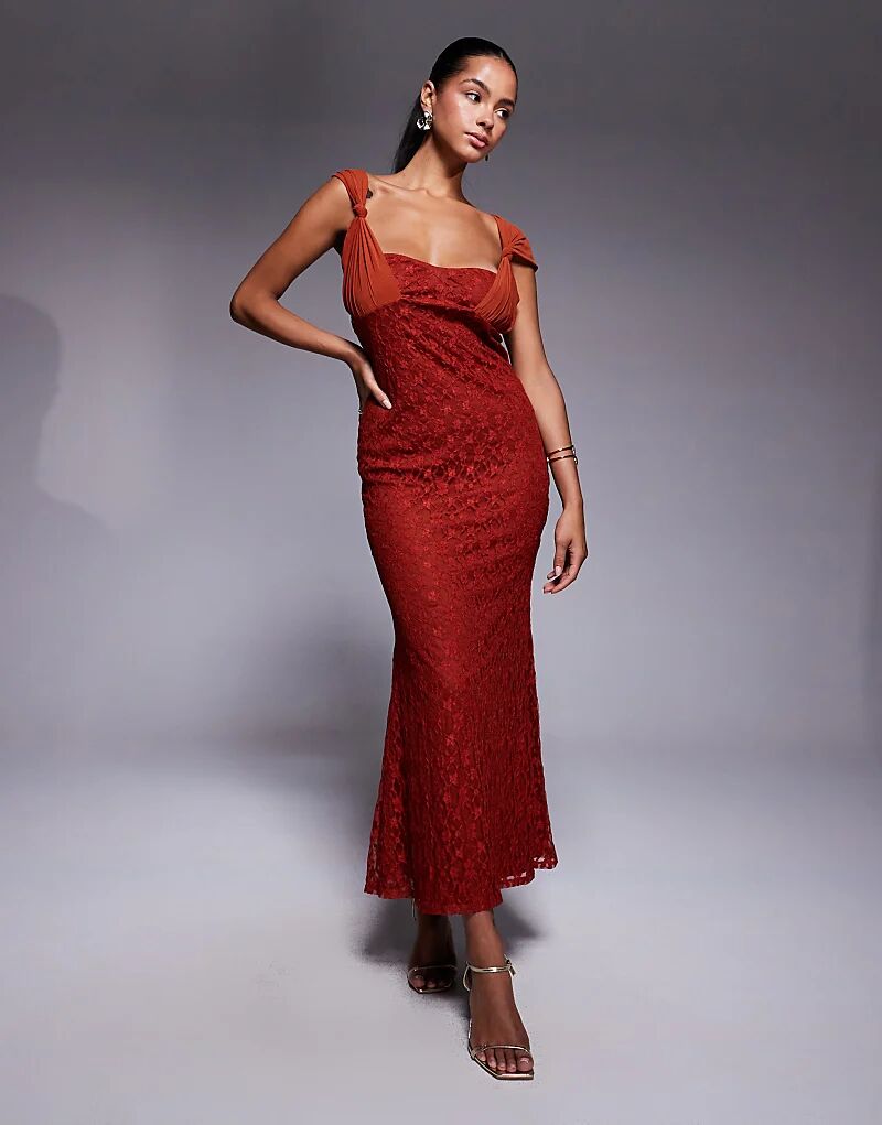 

Платье макси ASOS DESIGN из кружева на бретельках с сетчатыми накладками цвета ржавчины