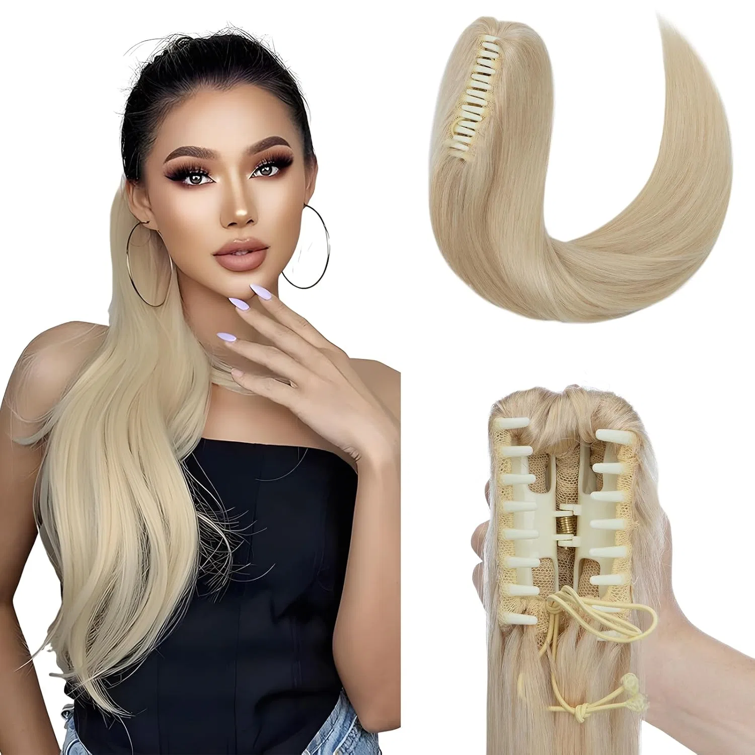 Накладной хвост Elailite из натуральных волос 40 см Elailite, #60 Platinum Blonde