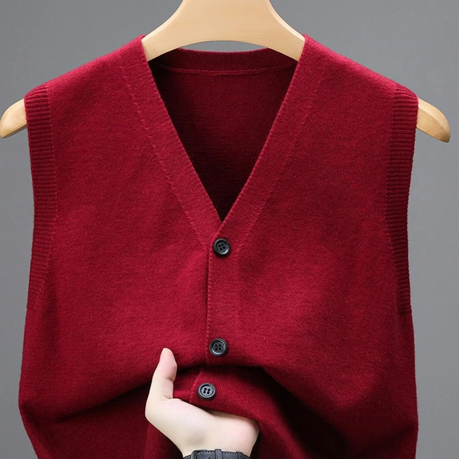 Мужской свитер-жилет с V-образным вырезом, приталенный, повседневный, без рукавов, вязаный пуловер, кардиган без рукавов на пуговицах, 2025 год Generic, красный — фото 4