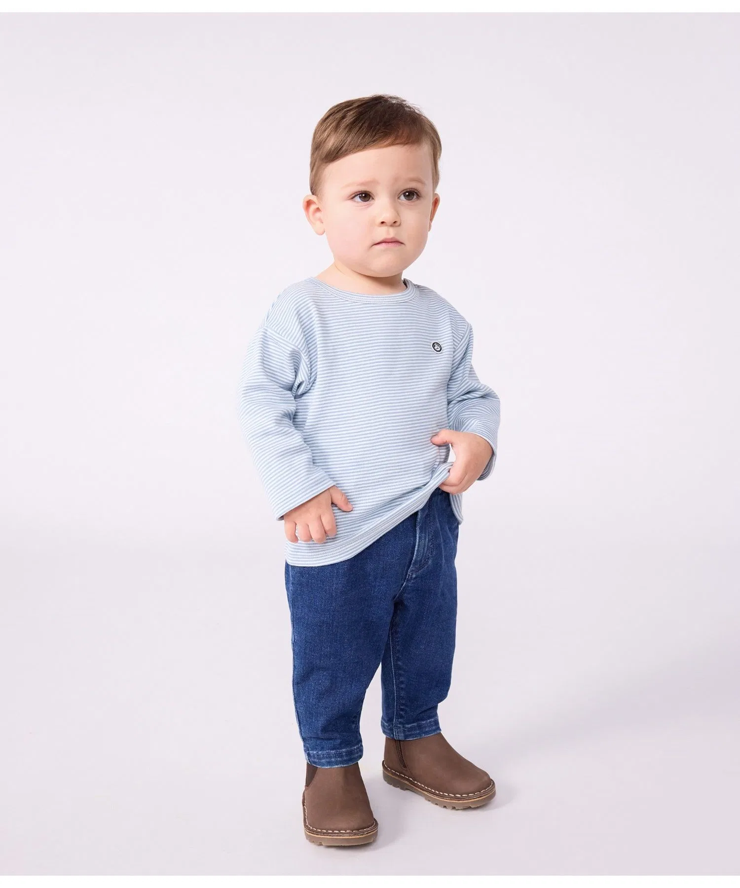 Детская футболка с длинным рукавом в полоску Petit Bateau сине-белая