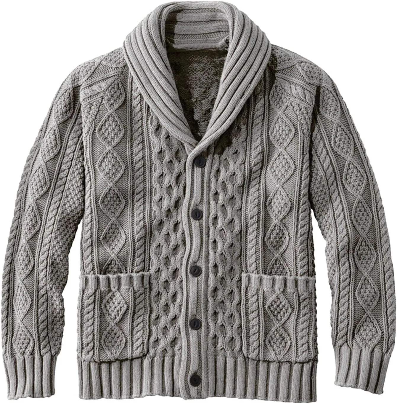 

Мужской кардиган с воротником шаль и кабельной вязкой