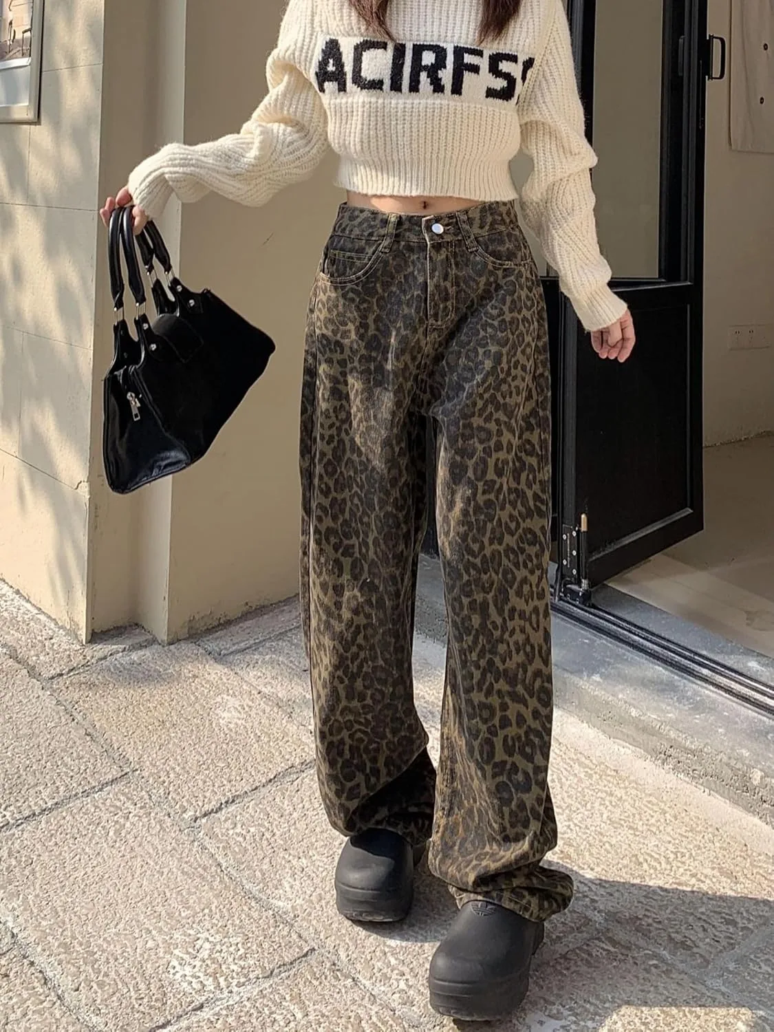 

Pokn Leopard Jeans с леопардовым принтом, широкие, unisex