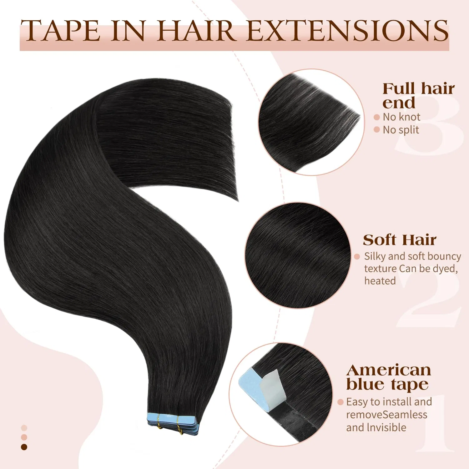 Накладные пряди для волос на ленте Remy 40 см, 20 шт., 40 г Agmity, #1 Deep Black — фото 4