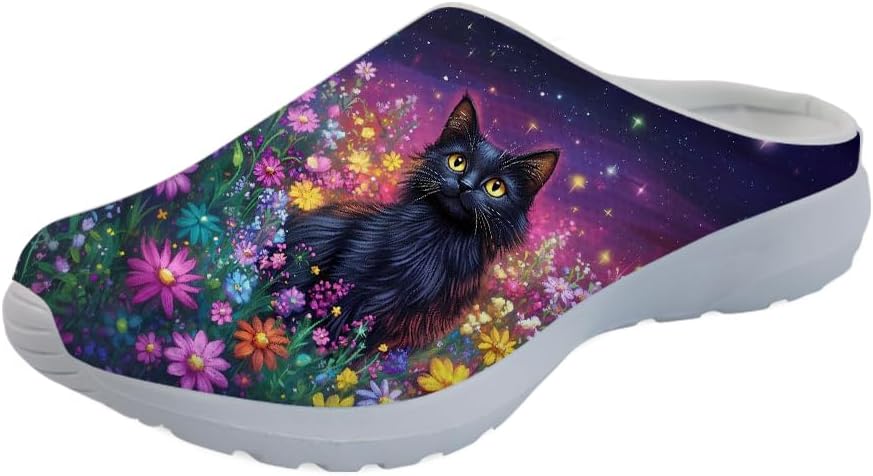 

Женские сабо Forchrinse с принтом кошки, мужские кроссовки-тапочки Kitten для прогулок, с поддержкой свода стопы, садовые сабо с ортопедической стелькой, Black Cat Blossom Flower