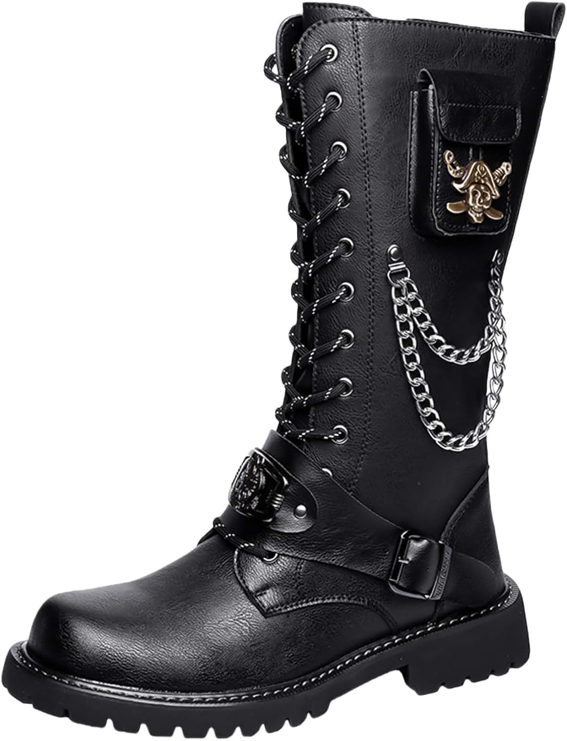 

Мужские ботинки большого размера в готическом стиле до щиколотки с карманами на цепочках, шнуровкой на ремнях, лентами для шнуровки для мотоциклиста, металлической защитой носка, круглой подошвой, обувь Clolinde, черный