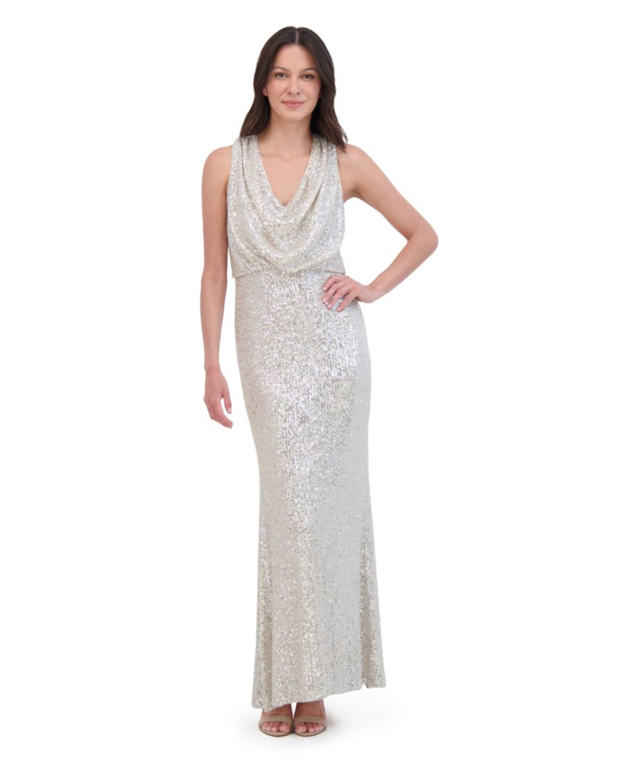 

Укороченное длинное платье без рукавов с воротником-хомутом, украшенное пайетками Eliza J, Silver