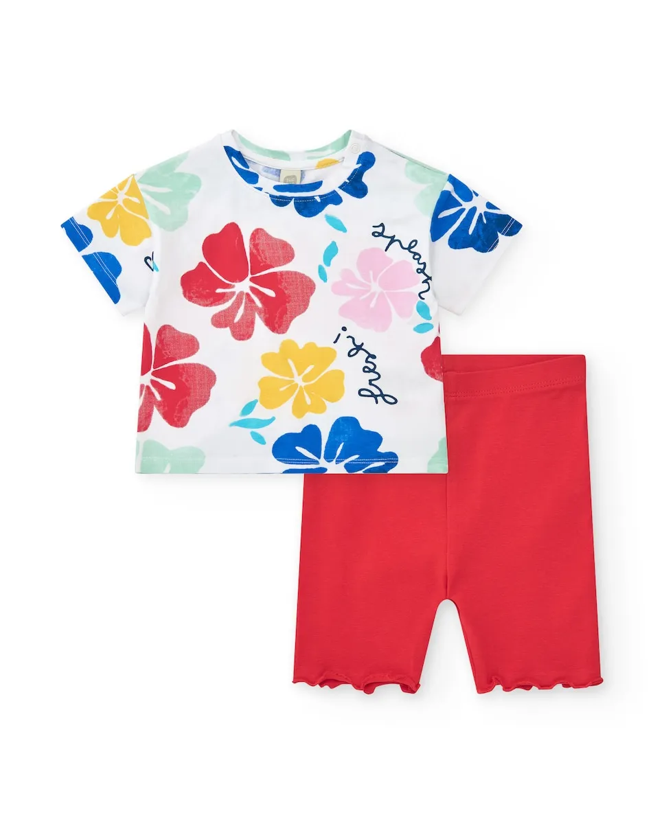 

Комплект для девочки с цветочной футболкой и простыми короткими леггинсами Tuc tuc, белый