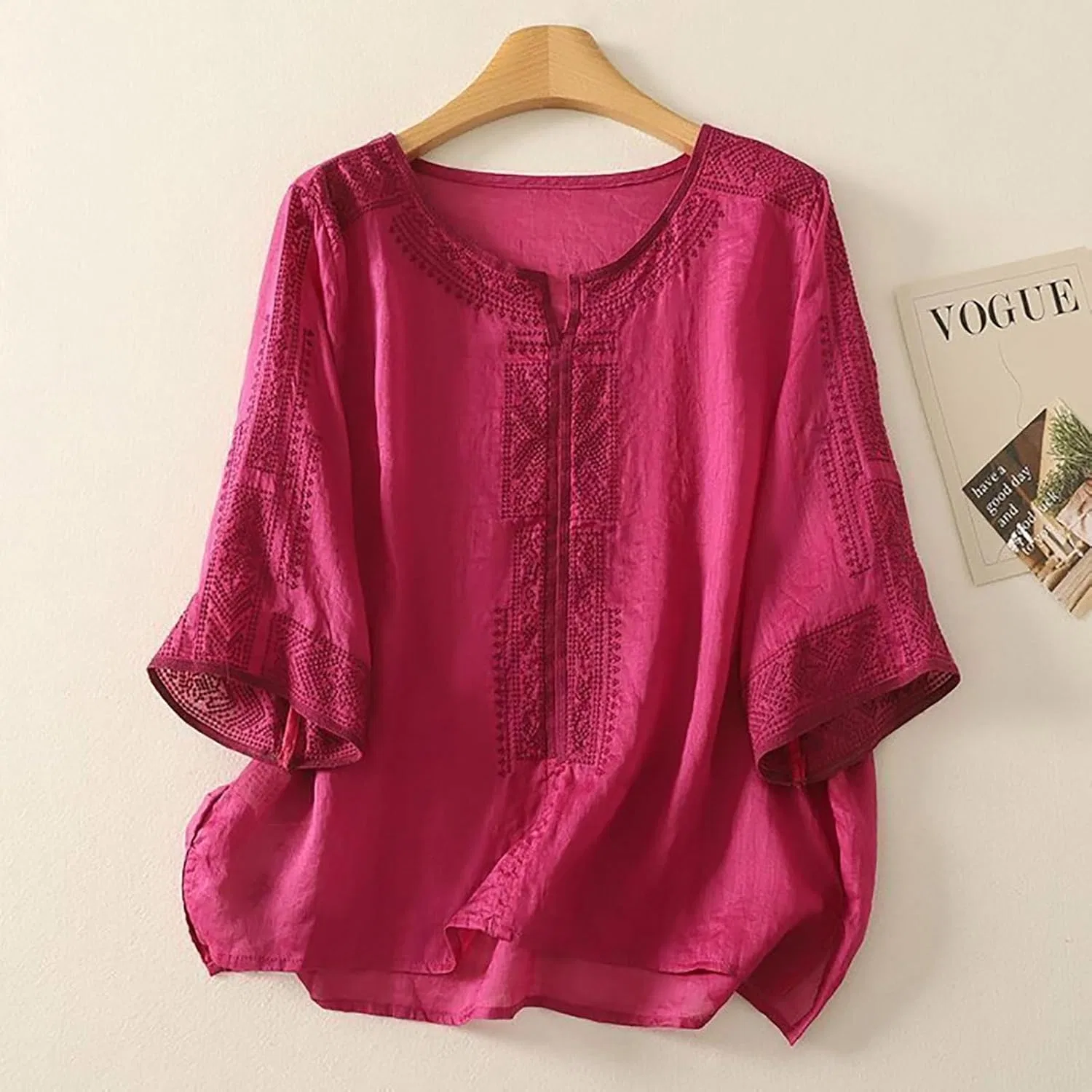Женская рубашка из льна и хлопка, свободный крой Linen Shirts for Women, розовый — фото 3