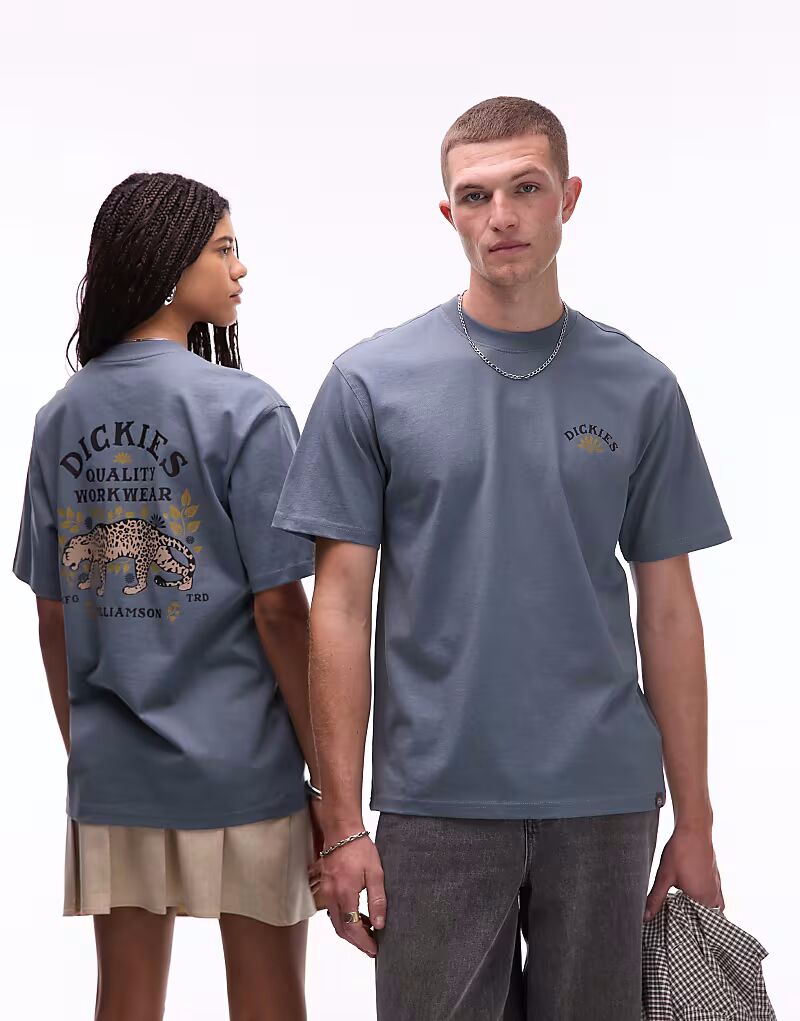 

Футболка Dickies Fort Lewis с графическим принтом на спине в леопардовом цвете, средне-синяя