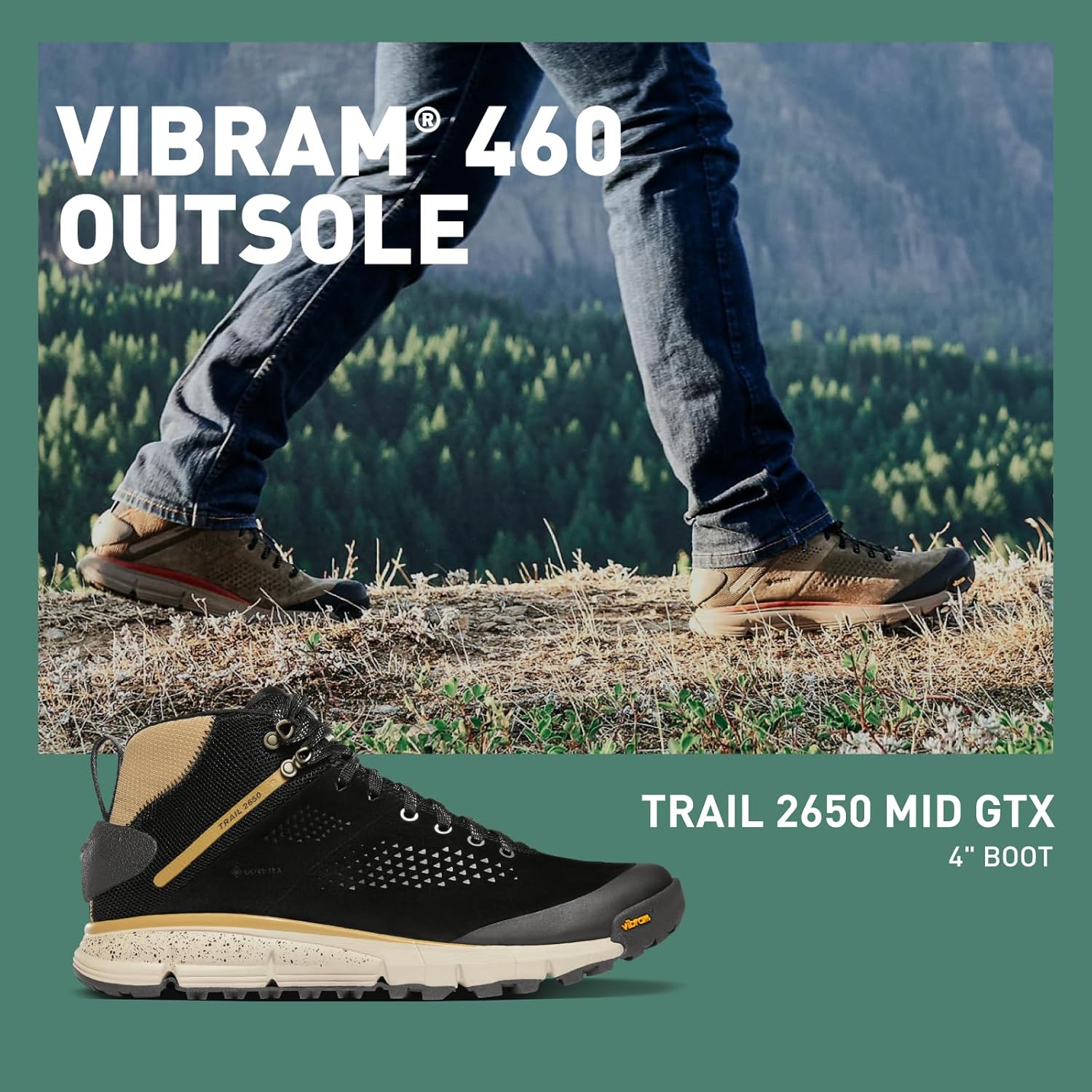 Мужские водонепроницаемые походные туфли Danner Trail 2650 Gore-Tex Mid 4" - верх из замши и текстиля с комфортной стелькой, системой поддержки пятки EXO и противоскользящей подошвой, черный/хаки — фото 2