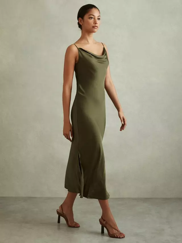 

Платье Reiss Isabel Drape Neck Slip Midi, хаки