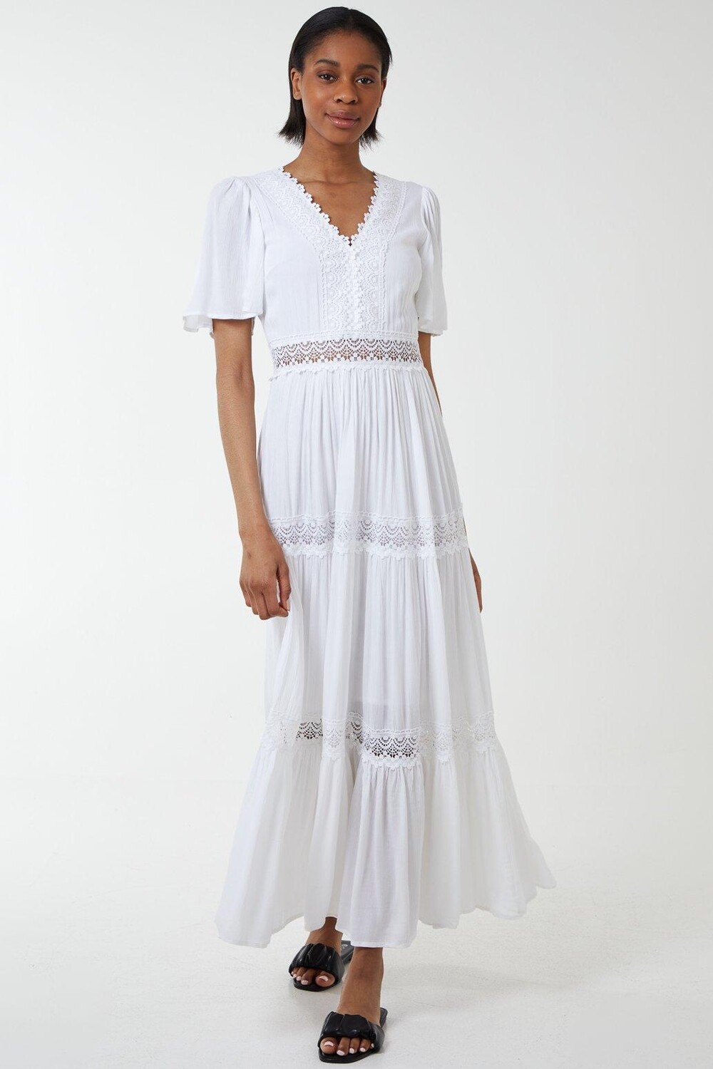 

Многоярусное платье макси с рукавами ангела и крючком Blue Vanilla, белый, Серый, Многоярусное платье макси с рукавами ангела и крючком Blue Vanilla, белый