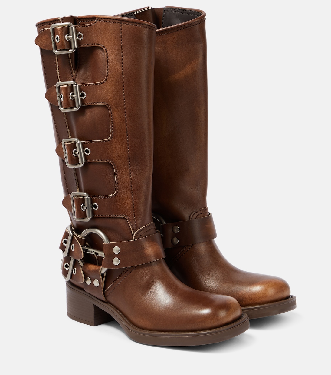 Сапоги из кожи с заклепками до колена Miu Miu, Bruciato