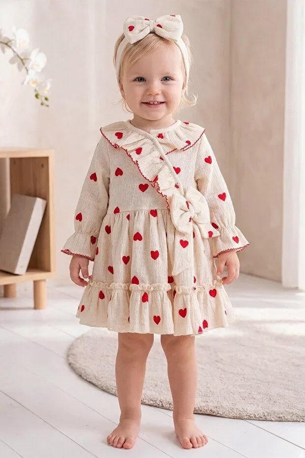 Детское платье для девочек хлопковое с принтом Heart Babymod, Red
