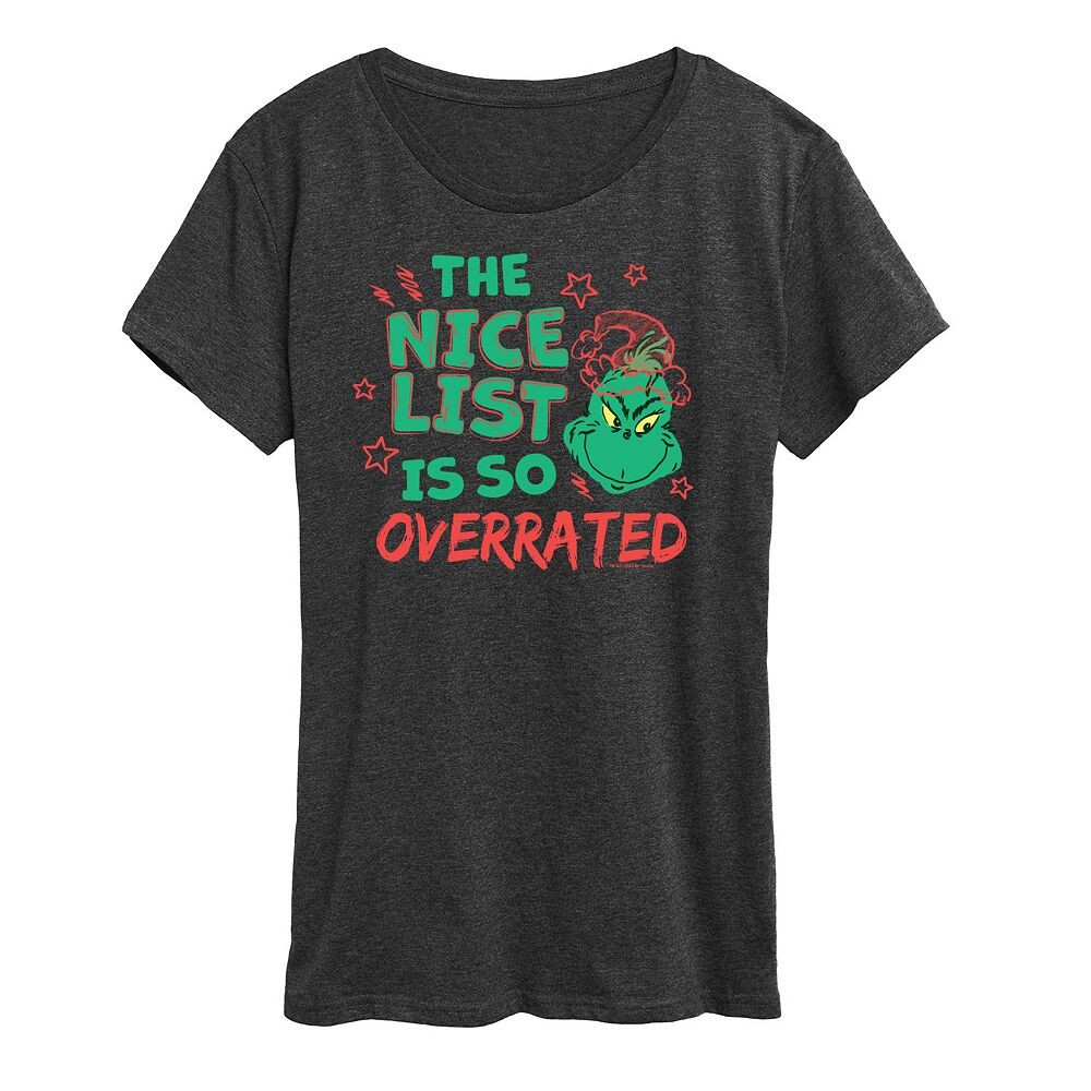 

Женская футболка с переоцененным рисунком Dr. Seuss The Grinch Nice List Licensed Character, цвет Charcoal Heather