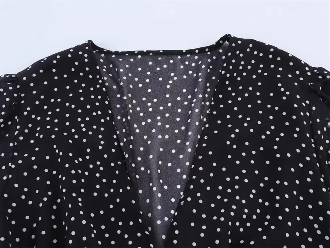 Женское повседневное платье с воротником V-образным Full Sleeve Polka Dot, Black — фото 3