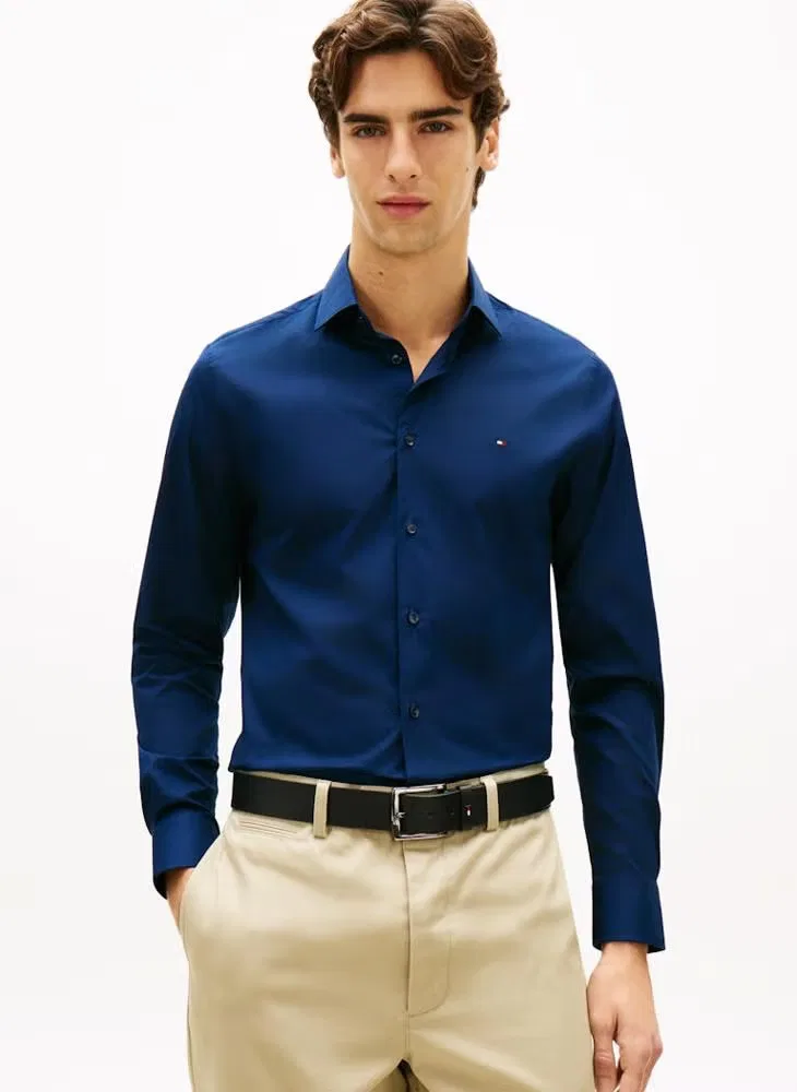 Рубашка с вышивкой флага, стройного кроя, Tommy Hilfiger, темно-синий