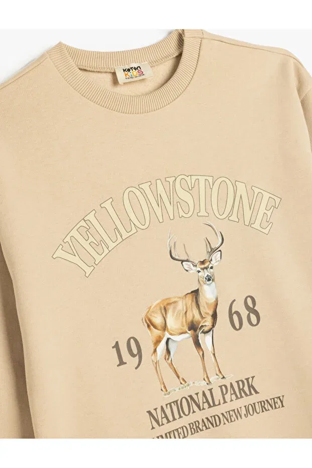 Детское для мальчиков свитшот с принтом Cotton raised deer printed oversize long sleeve sweatshirt Koton, Ecru — фото 3