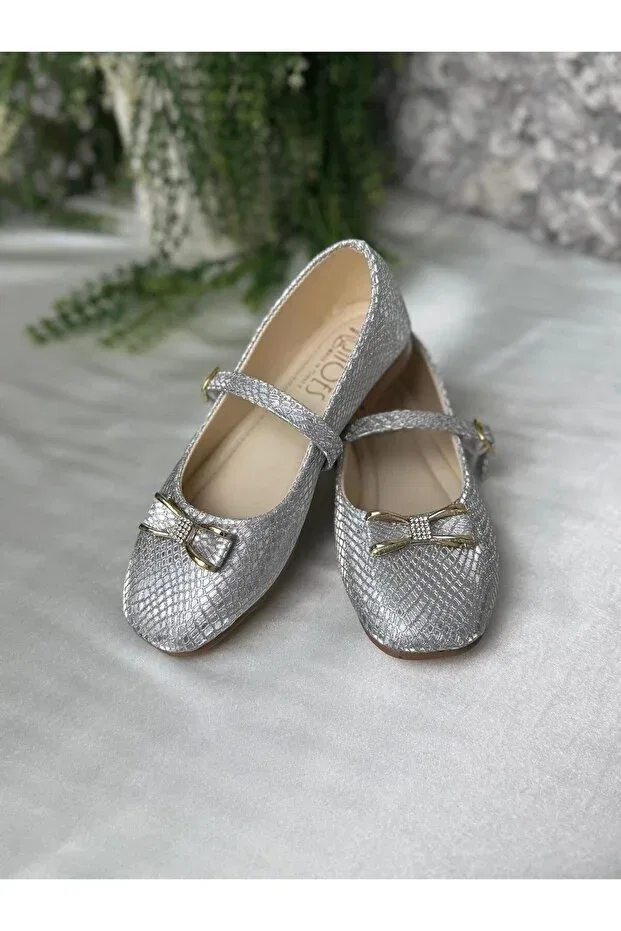 Детские балетки для девочек с бантом, Shoes, Silver — фото 2