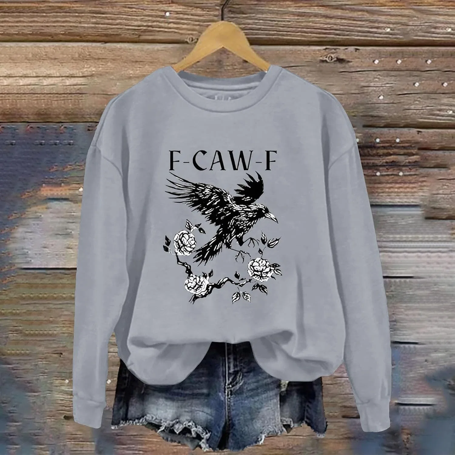 Женский свитшот-худи с принтом Caw F Crow Funny, серый — фото 2
