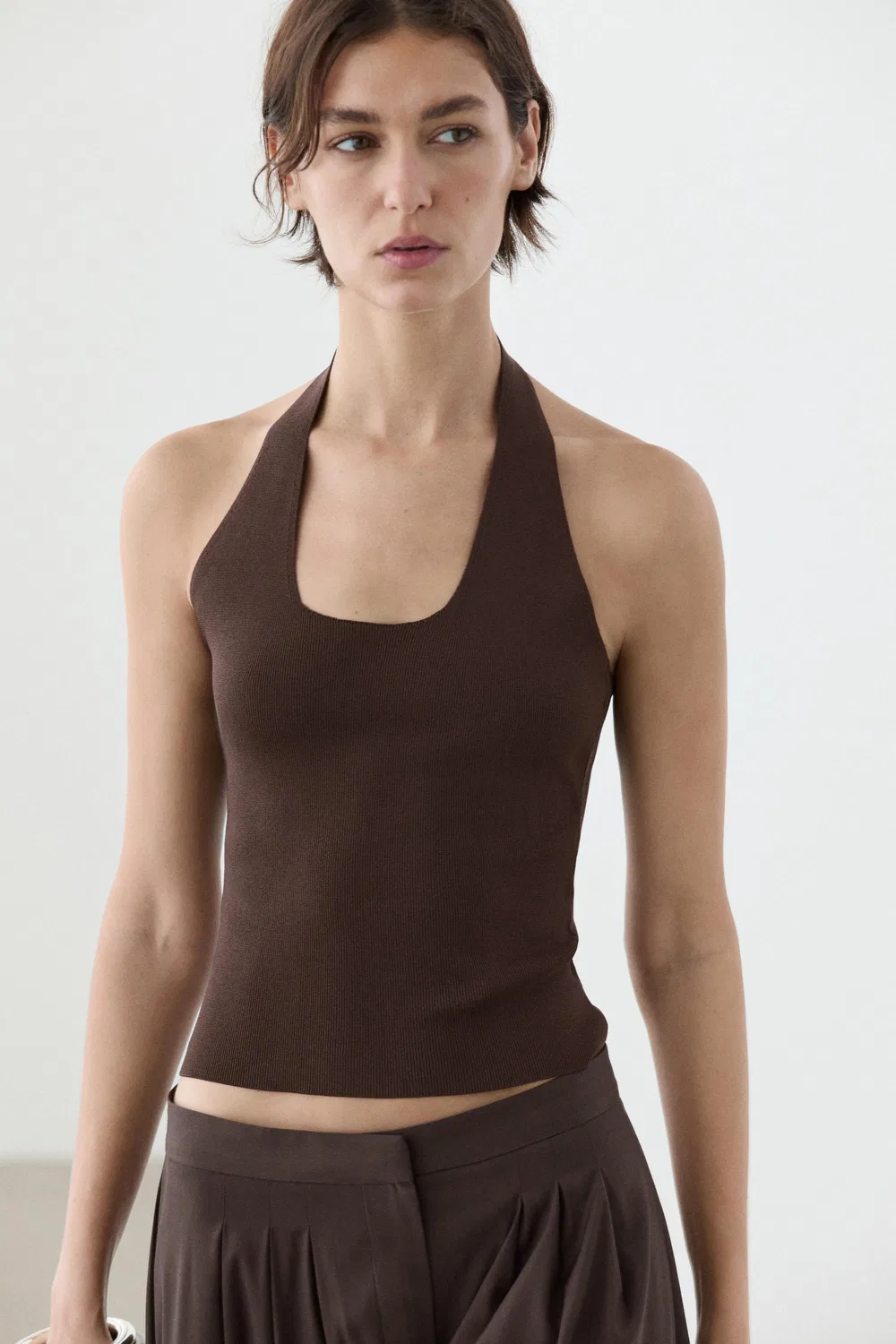 Топ Massimo Dutti, облегающий, с завязками на шее, коричневый — фото 2