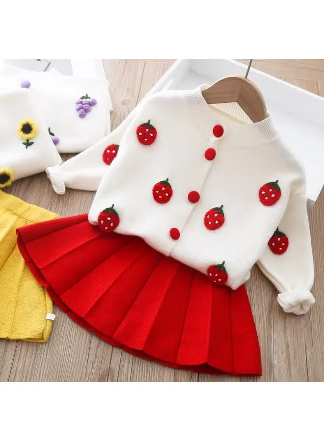Комплект вязаный с вышивкой фруктов, модель Fruit Embroidery Cardigan & Pleated Skirt Set, Ayada Home