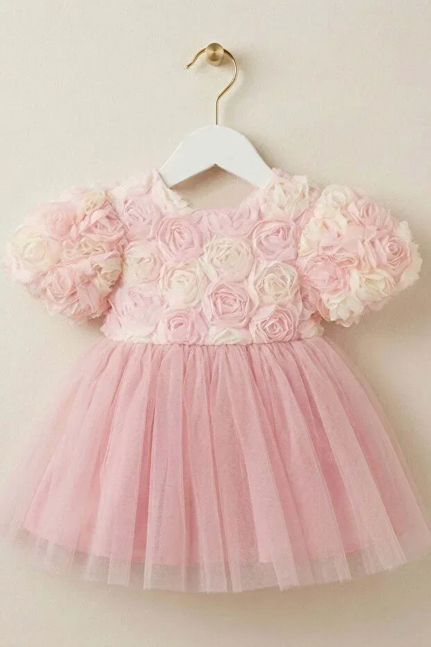 Детское платье для девочек с принтом Rose Detailed Bowknot Baby Evening Dress Cantoy, Powder — фото 4