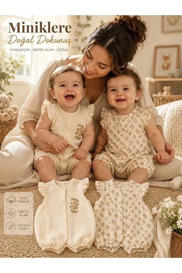 Детский комбинезон для девочек хлопковый 2-предметный набор 2. Unez Baby Girl Muslin Jumpsuit Set Ruffle Sleeve Cotton Summer Bambino, Beige